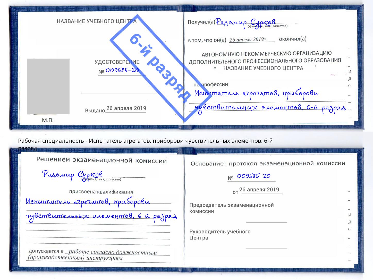 корочка 6-й разряд Испытатель агрегатов, приборови чувствительных элементов Чусовой