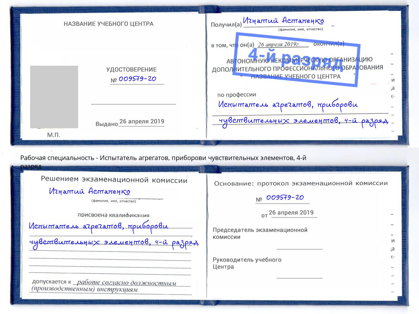 корочка 4-й разряд Испытатель агрегатов, приборови чувствительных элементов Чусовой