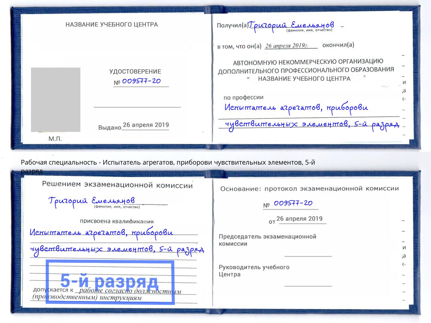 корочка 5-й разряд Испытатель агрегатов, приборови чувствительных элементов Чусовой