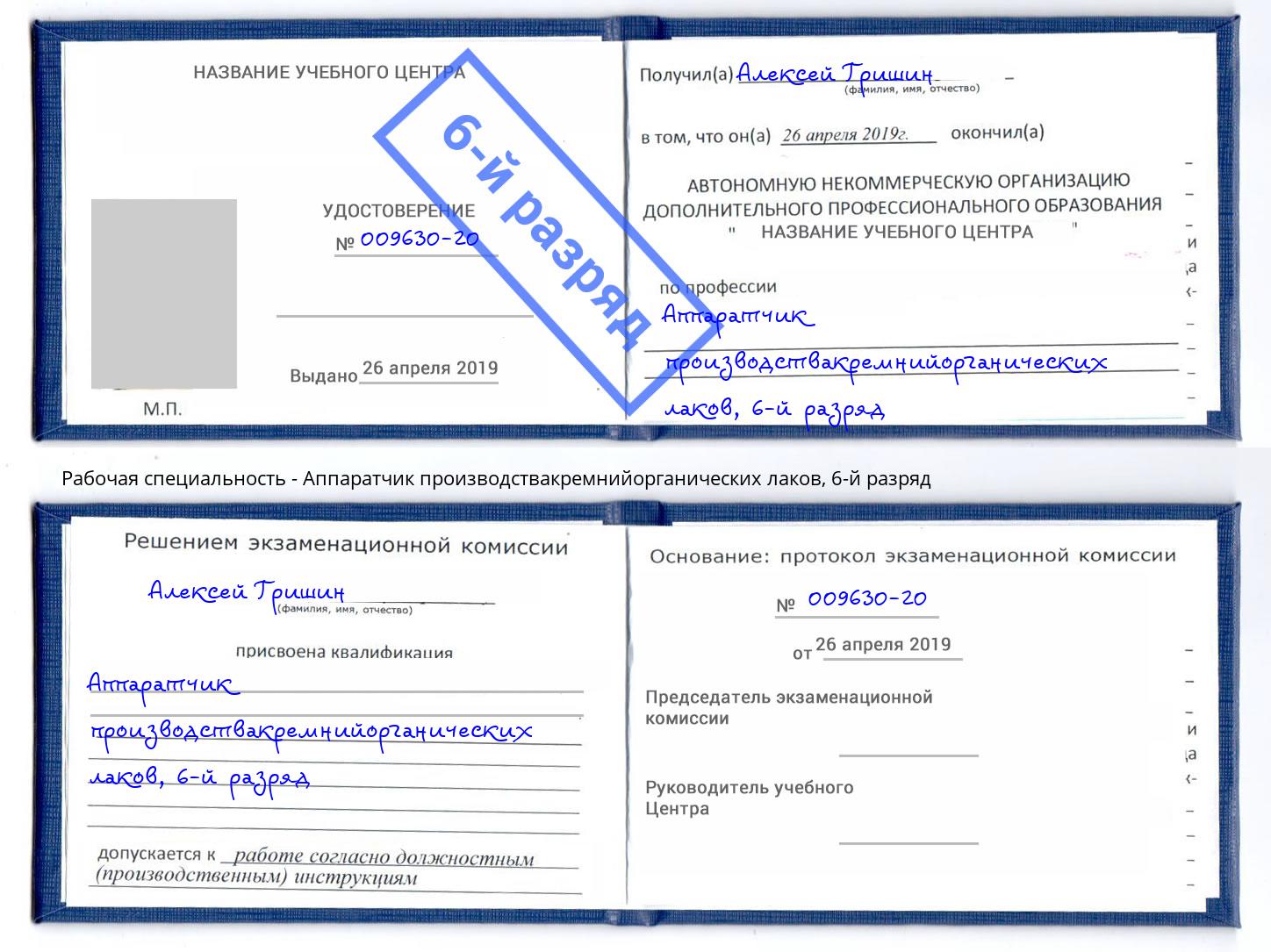 корочка 6-й разряд Аппаратчик производствакремнийорганических лаков Чусовой