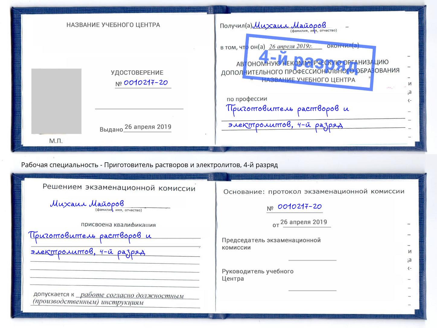корочка 4-й разряд Приготовитель растворов и электролитов Чусовой