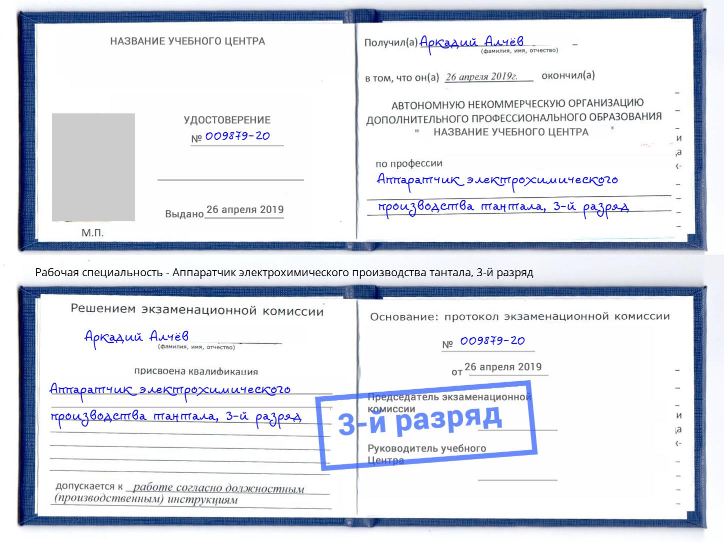 корочка 3-й разряд Аппаратчик электрохимического производства тантала Чусовой