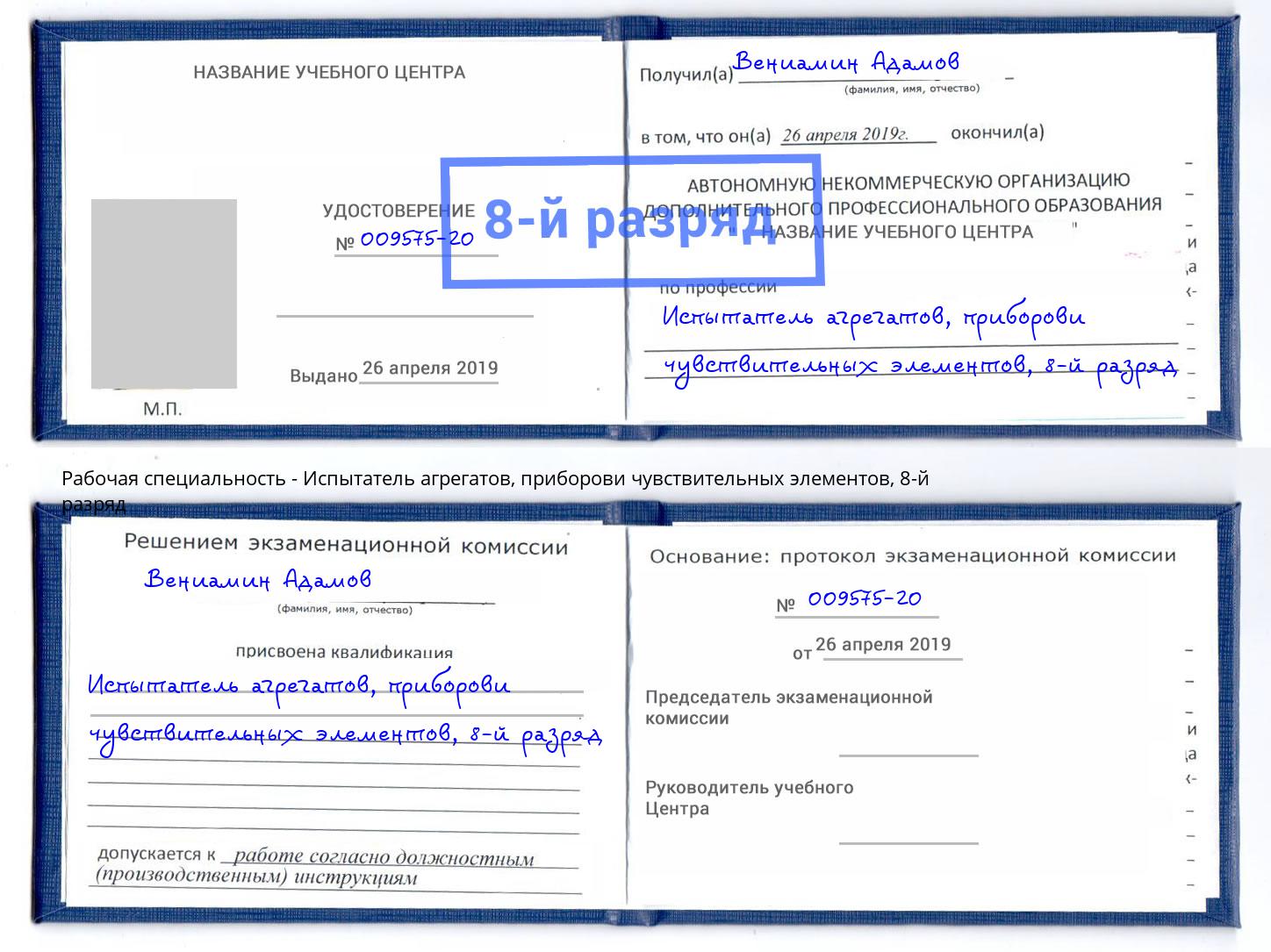 корочка 8-й разряд Испытатель агрегатов, приборови чувствительных элементов Чусовой